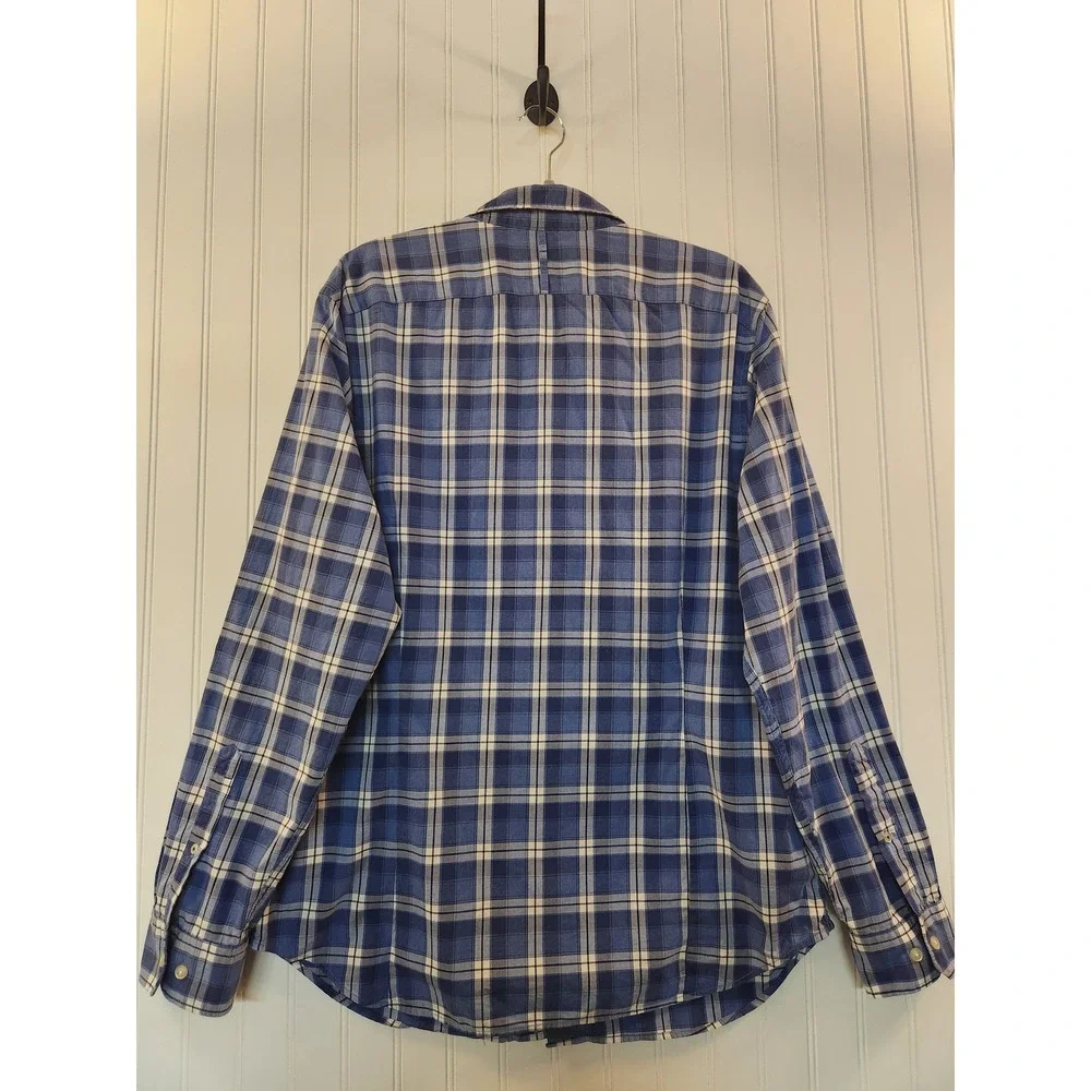 Banana Republic Mens XL Grant Fit Custom Wash Blue Plaid Cotton Button‎ Shirt